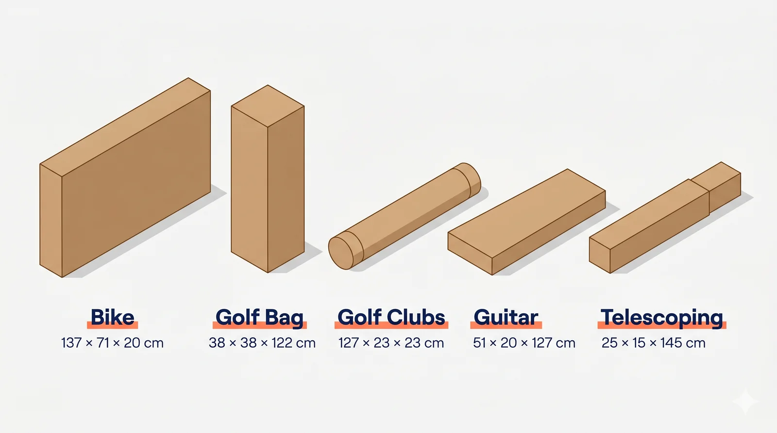Specialty shipping boxes for a bike, golf bag, golf clubs, guitar and telescoping items, with dimensions in centimeters.