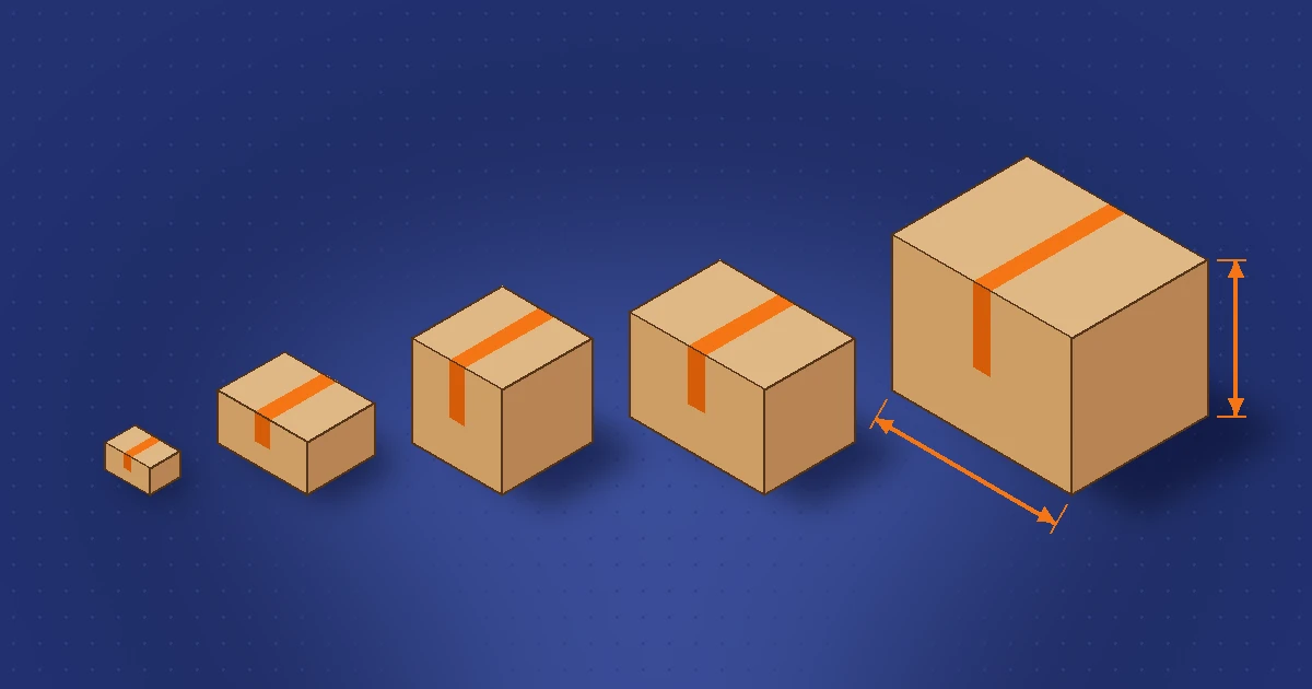 Five standard shipping boxes drawn to scale from small to extra large, with measuring arrows on the largest box