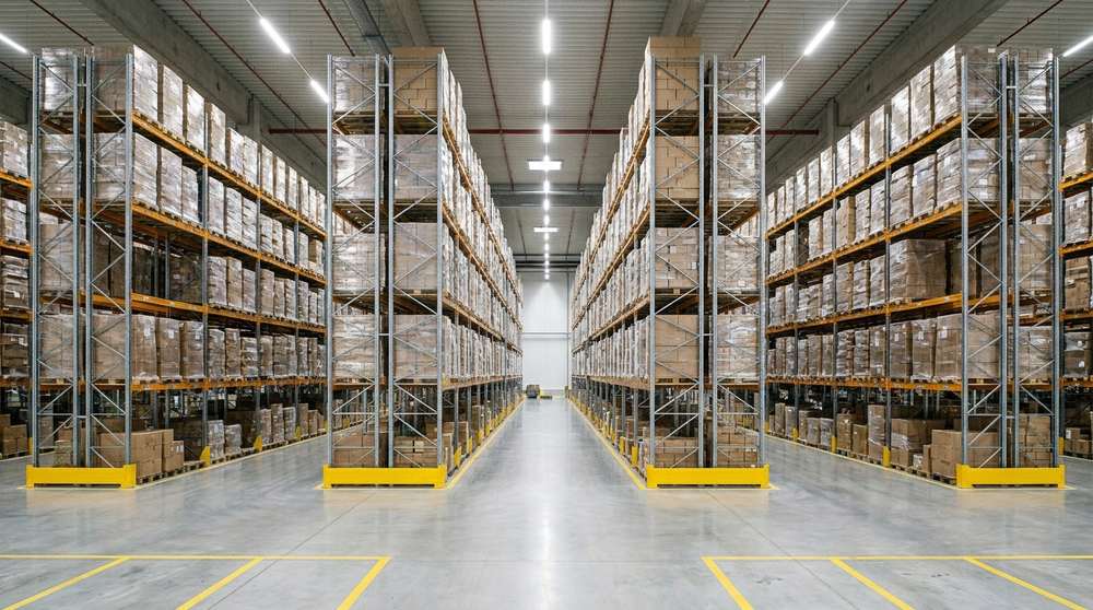 A well-organized warehouse: labeled racking, clear aisles, and marked floor paths.