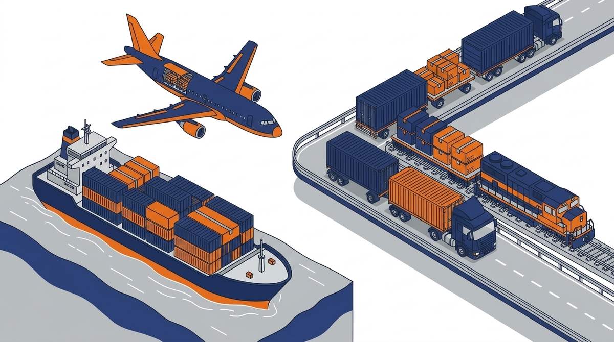Four modes of cargo transport: container ship, cargo plane, freight truck, and freight train