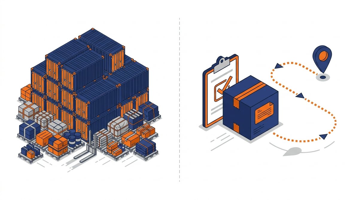 Cargo versus shipment compared: bulk containers and pallets on one side, a single tracked shipment with documentation on the other