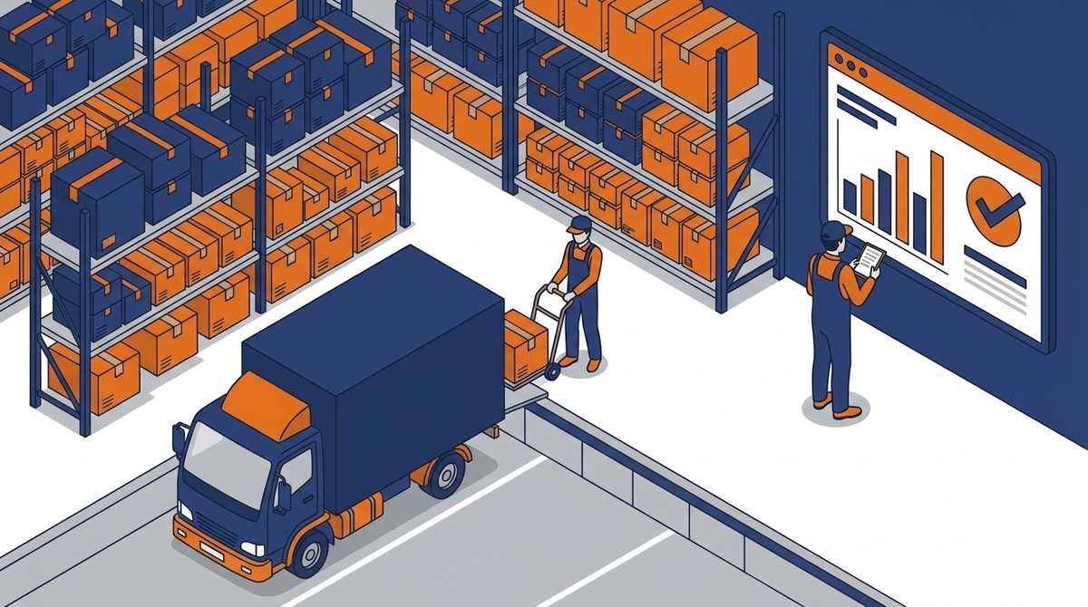 Choosing a reliable 3PL logistics partner: warehouse shelves, a delivery truck at the dock, staff, and an inventory dashboard