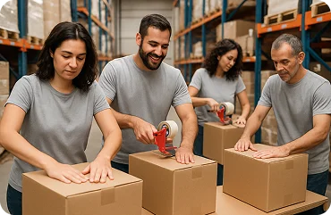 Personas cerrando cajas en una bodega