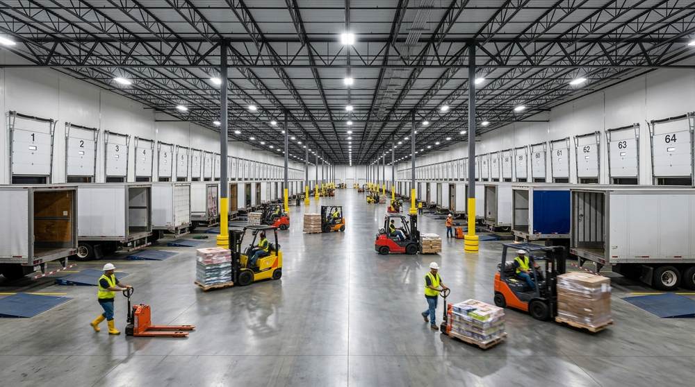 A cross-dock facility: dock doors on both sides, freight moving straight from inbound to outbound trucks.
