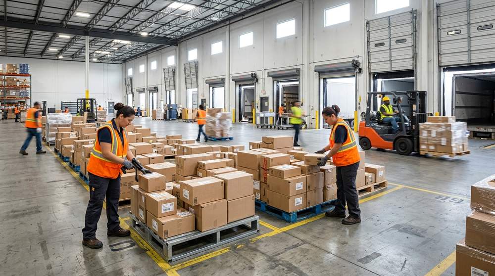 Freight is regrouped by destination on the dock floor, then reloaded, not stored.