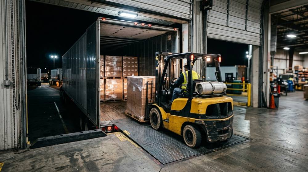 Sorted pallets load straight onto outbound trucks for the next leg of delivery.