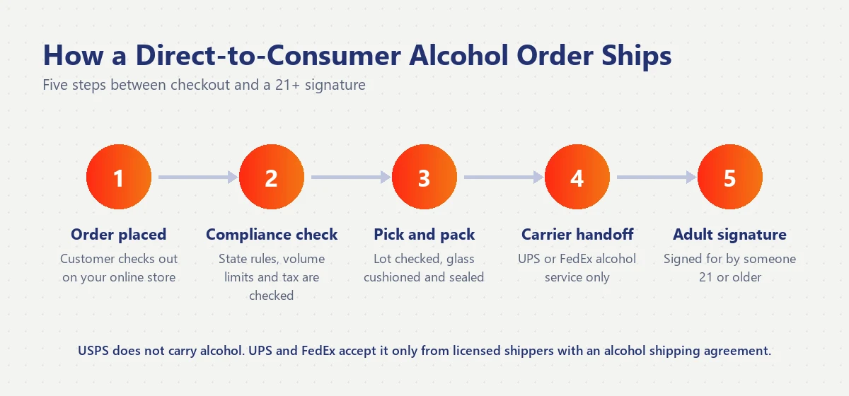 Diagram of the five steps a direct-to-consumer alcohol order goes through: order placed, compliance check, pick and pack, carrier handoff and adult signature