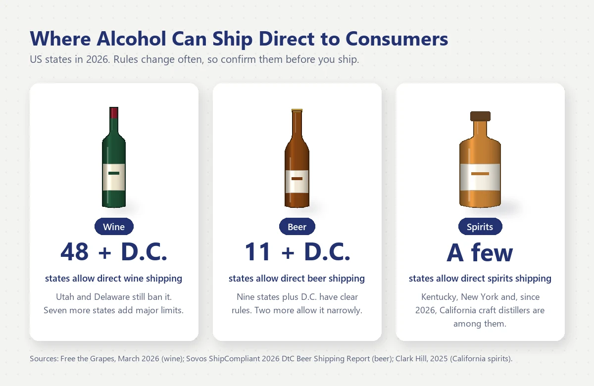 Chart comparing US direct-to-consumer shipping in 2026: wine in 48 states plus D.C., beer in 11 states plus D.C., and spirits in only a few states