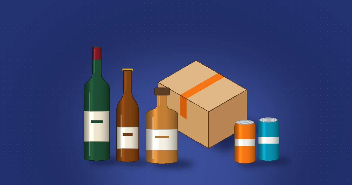 Wine, beer and spirits bottles and two beverage cans in front of a sealed shipping carton