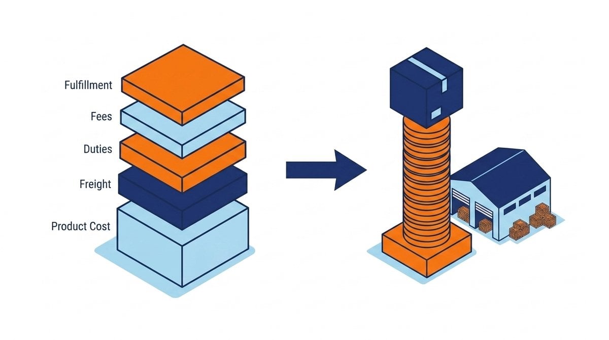 Components of landed cost: product, freight, duties, taxes, fees, and fulfillment.