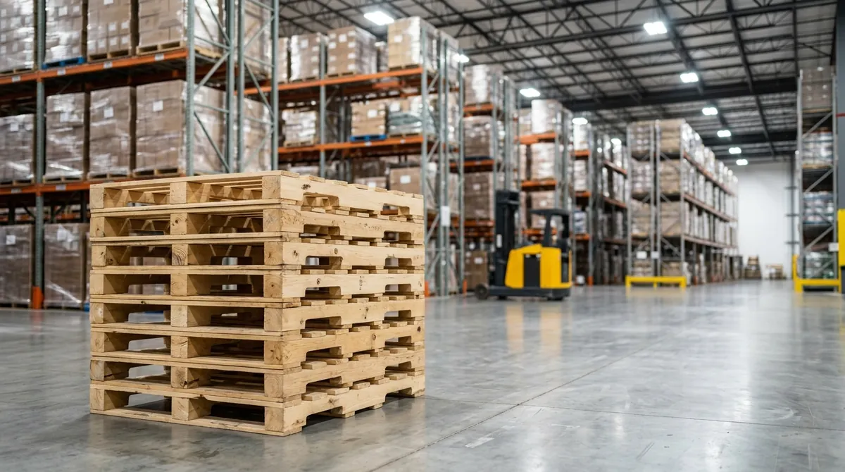 Stack of standard 48x40 GMA wood pallets in a fulfillment warehouse