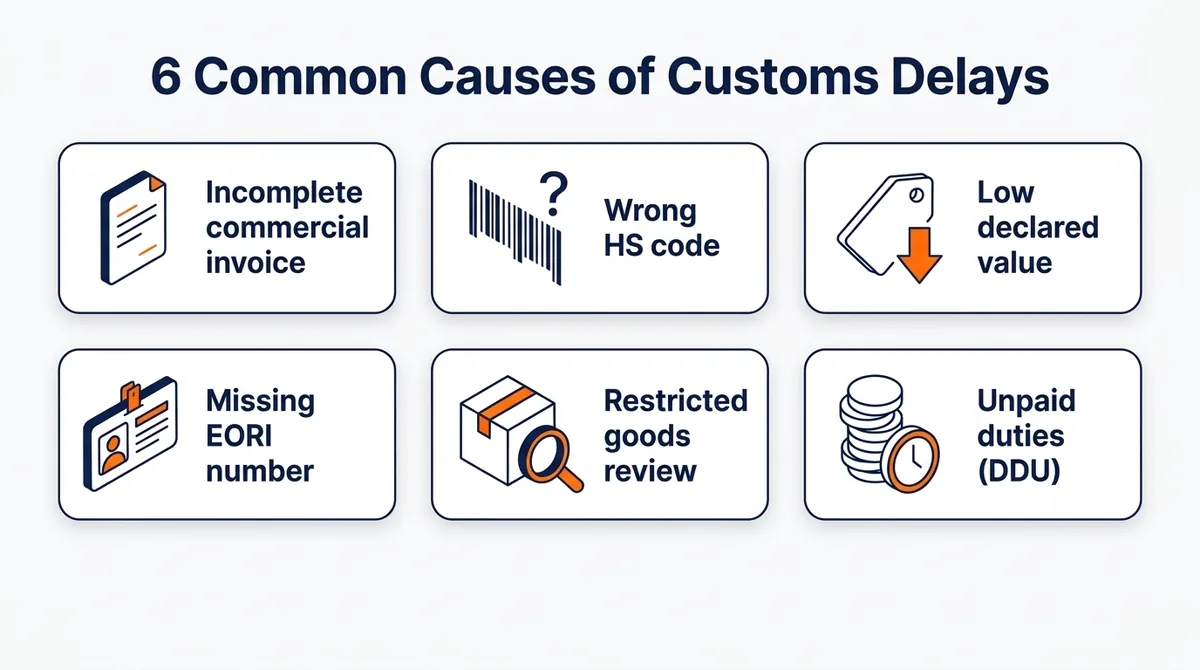 Six common causes of customs delays: incomplete commercial invoice, wrong HS code, low declared value, missing EORI number, restricted goods review, unpaid duties under DDU