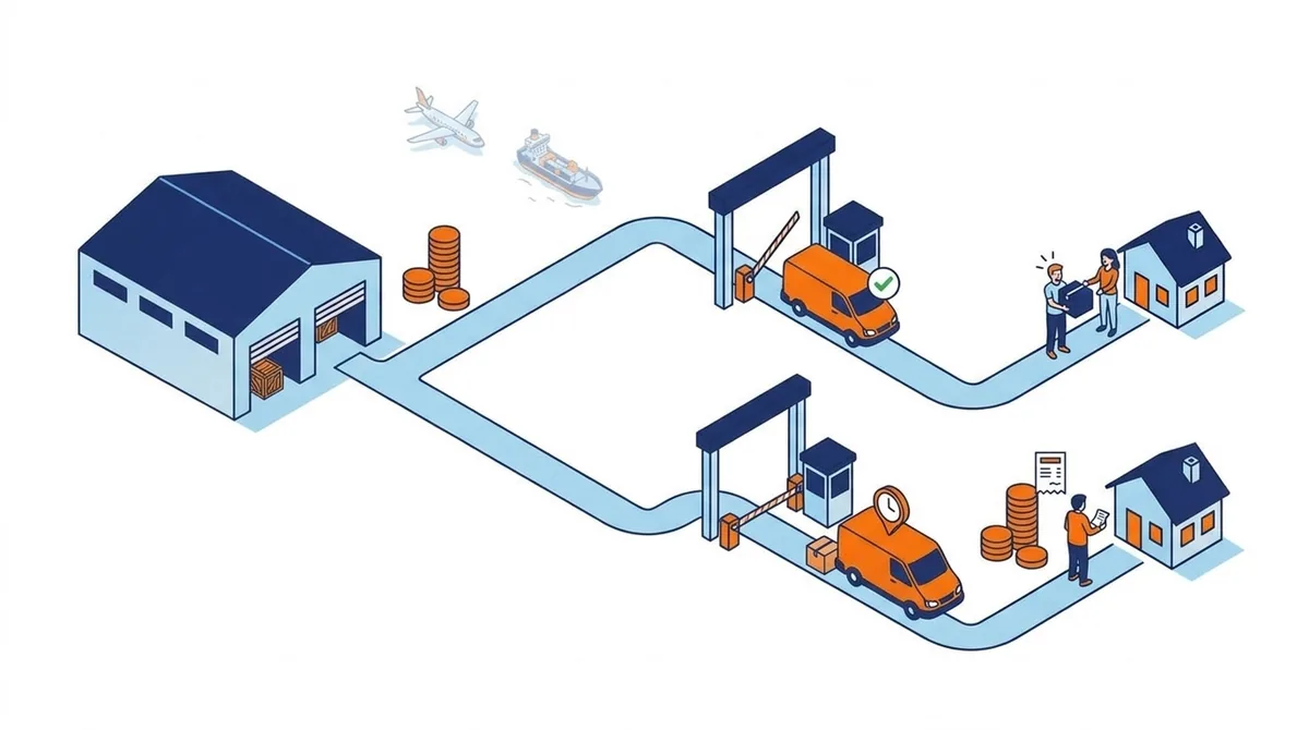 Illustration comparing DDP and DDU shipping: one van clears customs with duties prepaid by the seller, the other waits while the customer pays duties at the door