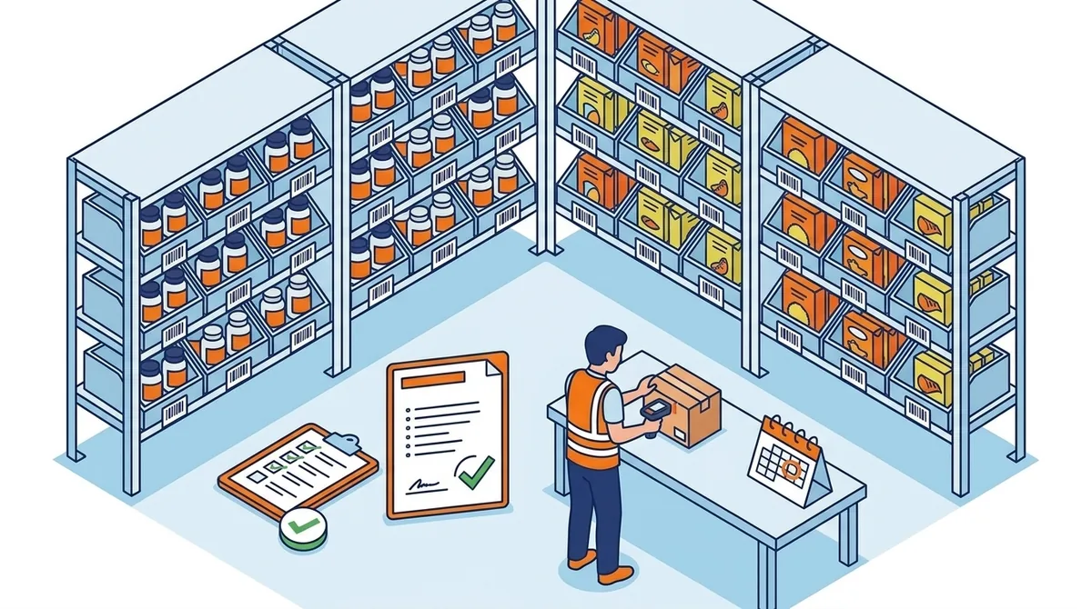 Isometric illustration of a fulfillment warehouse storing supplements and packaged food, with a worker scanning a box and a registration checklist