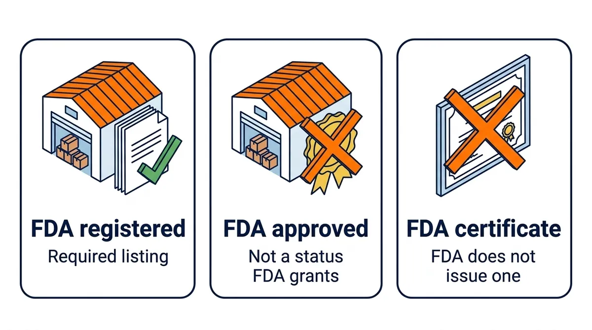 Comparison: FDA registered is a required listing, FDA approved is not a status FDA grants to warehouses, and FDA does not issue certificates