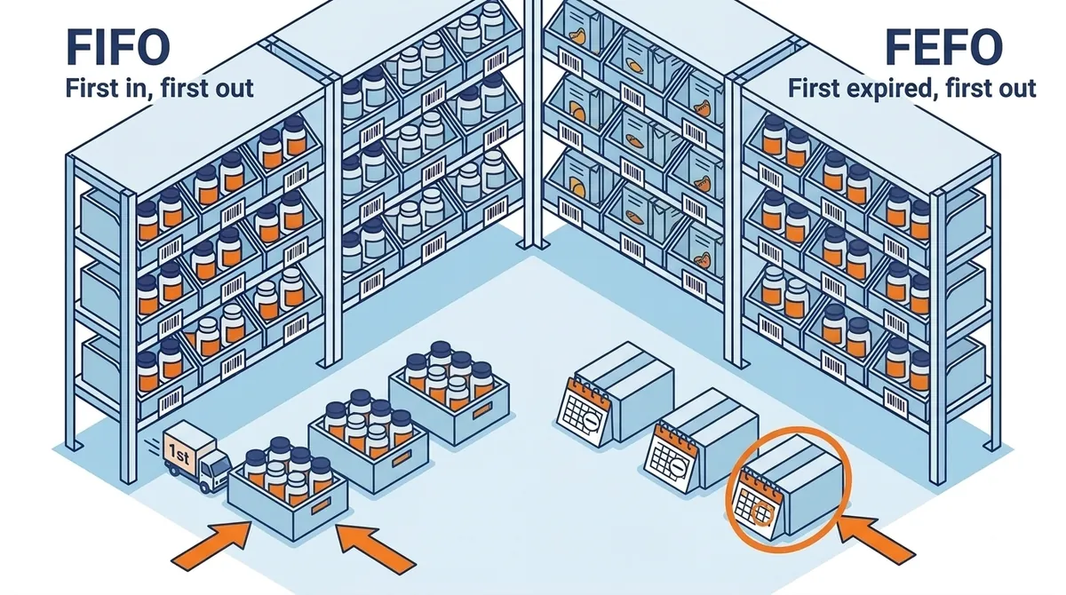 FIFO picks the carton that arrived first, while FEFO picks the carton with the earliest expiration date
