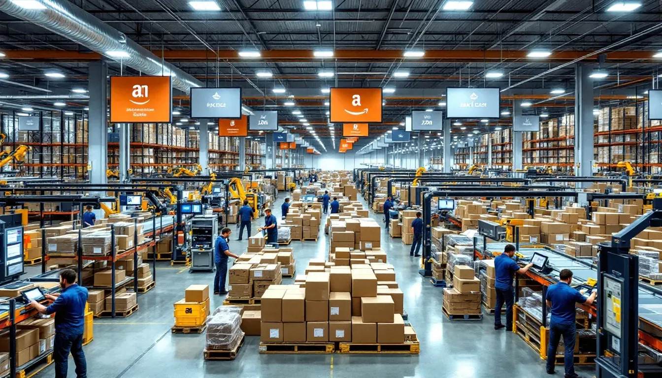 High-volume fulfillment center floor with packing stations and palletized boxes
