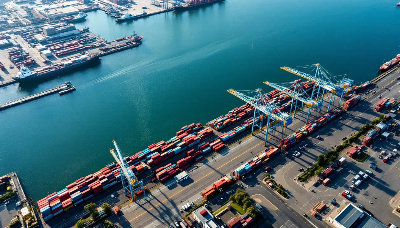 Aerial view of an East Coast container port with cranes and stacked shipping containers