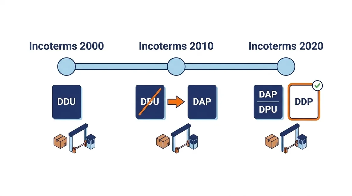 Incoterms timeline: DDU in Incoterms 2000, replaced by DAP in Incoterms 2010, with DAP, DPU and DDP in Incoterms 2020