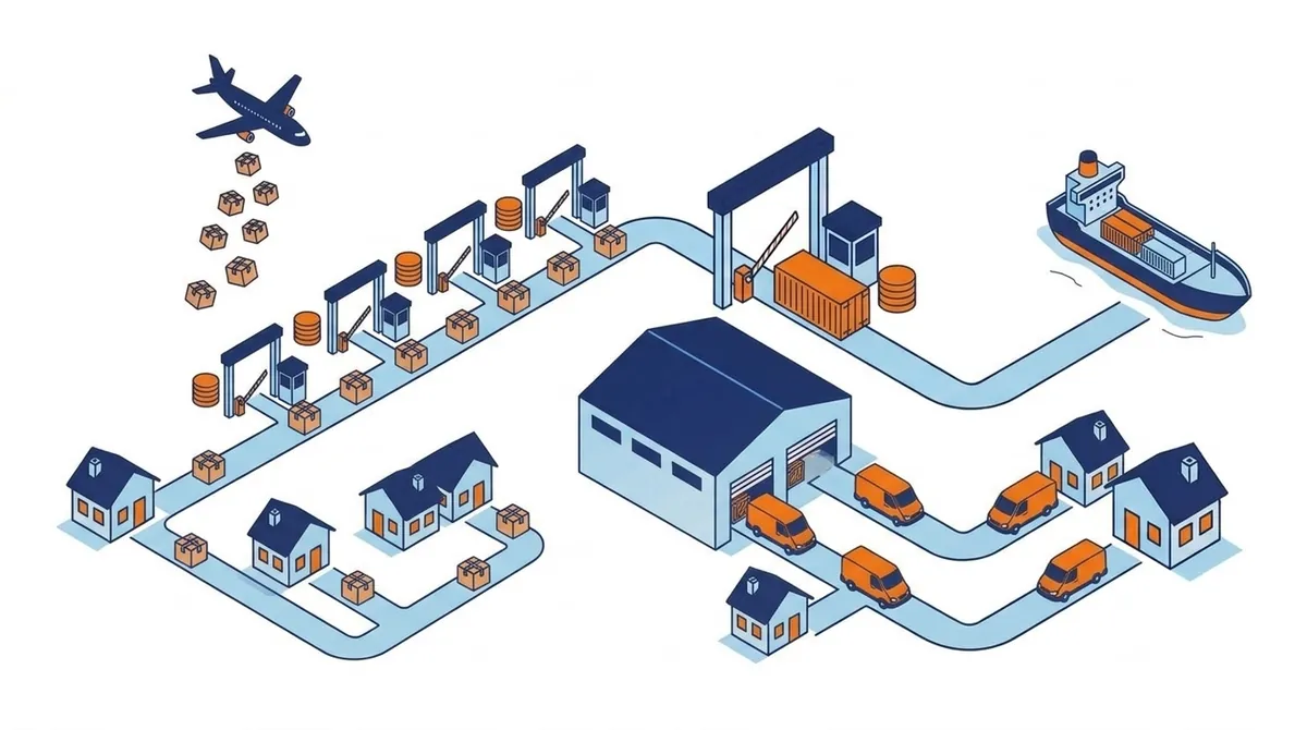 Per-parcel imports each clear customs and pay fees separately, while one bulk container clears customs once and ships domestically from a U.S. warehouse